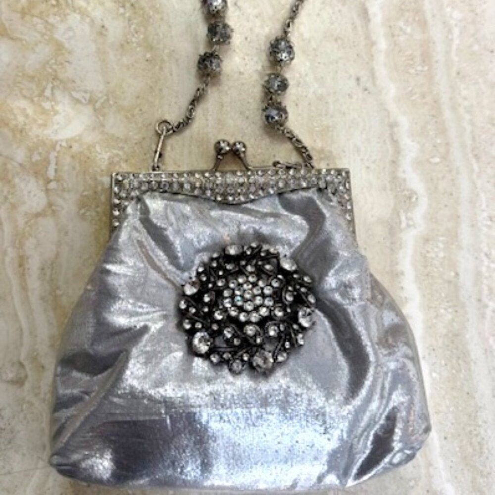 Vintage Metallic silver small evening bag with chain and crystal chain, vintage,
